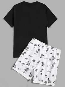 Manfinity VCAY Men Color Block Tropical Graphic Print Tee & Drawstring Waist Shorts For Boyfriend Gift - Black - View 2