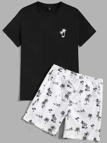 Manfinity VCAY Men Color Block Tropical Graphic Print Tee & Drawstring Waist Shorts For Boyfriend Gift - Black - View 5