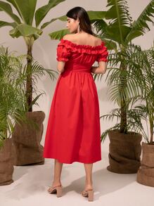 Mulvari 一字肩褶邊扣眼繫帶連衣裙 - 紅色 - 查看 2