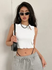 DAZY Áo hai dây Xù nhỏ màu trơn Giải trí - trắng - Xem 2