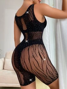 Mesh Rhinestone Cut Out Romper Romper Lingerie Without Liner - Black - View 2