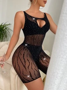 Mesh Rhinestone Cut Out Romper Romper Lingerie Without Liner - Black - View 6