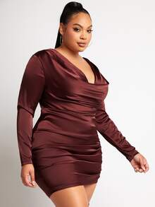 SHEIN SXY 大碼堆堆領抽繩打結側緞面連衣裙 - 紫紅色 - 查看 4