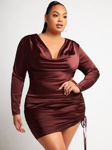 SHEIN SXY 大碼堆堆領抽繩打結側緞面連衣裙 - 紫紅色 - 查看 5