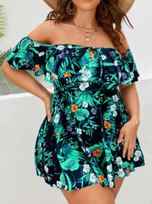 SHEIN VCAY 夏季海滩大码热带印花露肩系带荷叶边装饰泳衣 - 彩色 - 查看 1