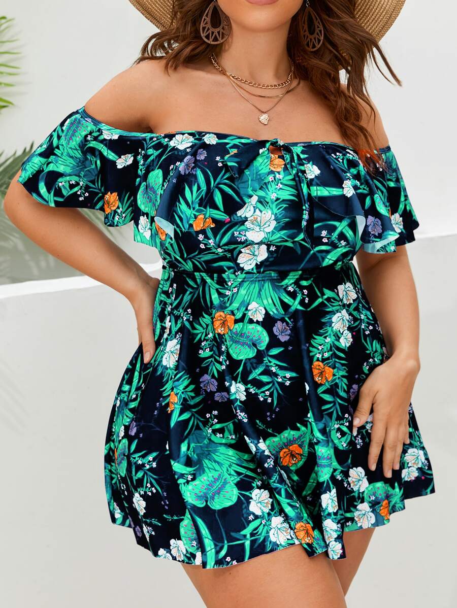 SHEIN VCAY 夏季海滩大码热带印花露肩系带荷叶边装饰泳衣 - 彩色 - 查看 1