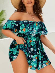 SHEIN VCAY 夏季海滩大码热带印花露肩系带荷叶边装饰泳衣 - 彩色 - 查看 3