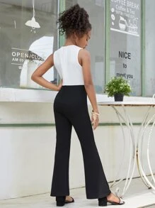 SHEIN Áo liền quần Gái Chia Nút phía trước Khối Màu Ăn mặc đẹp - Đen và trắng - Xem 2