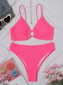 Textured Bikini Set O-Ring Detail Cami Bra & Bikini Bottom 2 Piece Bathing Suit - Hot Pink - View 3