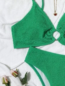 Swim Vcay 夏季海灘 O 環細節有紋比基尼套裝