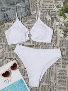 Summer Beach O-Ring Detail Textured Bikini Set - White - View 3
