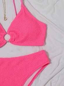 Textured Bikini Set O-Ring Detail Cami Bra & Bikini Bottom 2 Piece Bathing Suit - Hot Pink - View 4