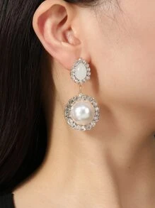 Bông tai thả Faux Pearl & Rhinestone Decor Drop Earrings - Nhiều màu - Xem 1