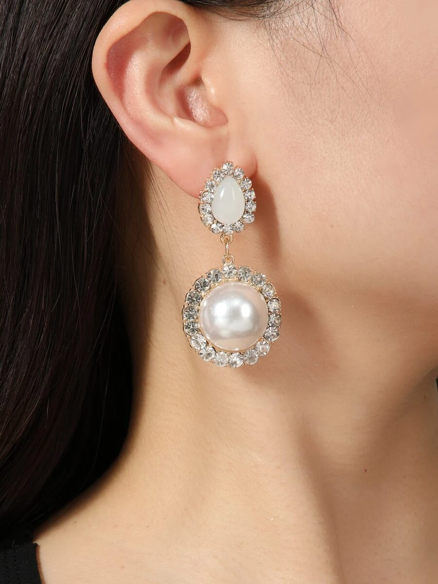 Bông tai thả Faux Pearl & Rhinestone Decor Drop Earrings - Nhiều màu - Xem 1