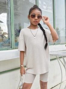 SHEIN Girls Drop Shoulder Tee & Cycling Shorts - Beige - View 1