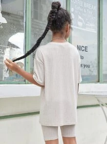 SHEIN Girls Drop Shoulder Tee & Cycling Shorts - Beige - View 2