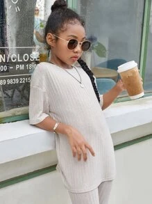 SHEIN Girls Drop Shoulder Tee & Cycling Shorts - Beige - View 3