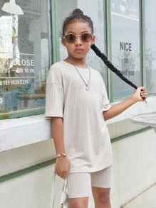 SHEIN Girls Drop Shoulder Tee & Cycling Shorts - Beige - View 5