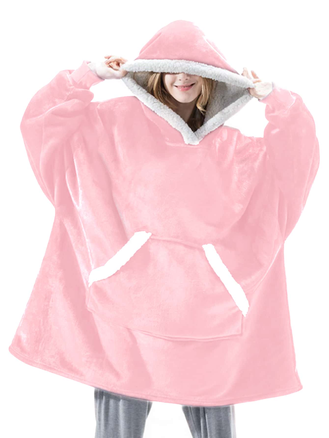1pc Plain Hooded Wearable Blanket - Pink - View 1