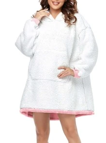 1pc Plain Hooded Wearable Blanket - Pink - View 8