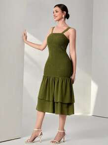 Modelyn Đầm phân lớp Dải chun màu trơn Thanh lịch - Màu xanh Ô liu - Xem 4