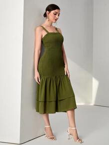 Modelyn Đầm phân lớp Dải chun màu trơn Thanh lịch - Màu xanh Ô liu - Xem 5