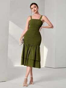 Modelyn Đầm phân lớp Dải chun màu trơn Thanh lịch - Màu xanh Ô liu - Xem 6
