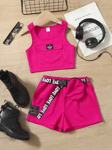 SHEIN 女孩字母織帶吊帶上衣和短褲套裝