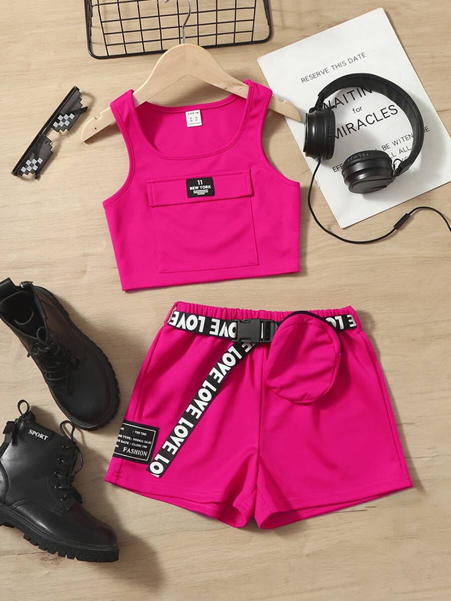 SHEIN 女孩字母織帶吊帶上衣和短褲套裝