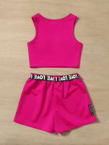 SHEIN 女孩字母織帶吊帶上衣和短褲套裝