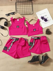 SHEIN 女孩字母織帶吊帶上衣和短褲套裝