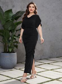 Modelyn Vestido fruncido bajo con abertura - Negro - Ver 4