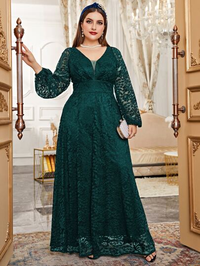 Modelyn Plus Mesh Insert Contrast Lace Lantern Sleeve Formal Maxi Dress Women Outfit Long Evening Dresses Fall Cloth For Women