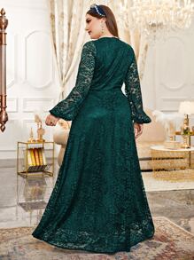 Modelyn Plus Mesh Insert Contrast Lace Lantern Sleeve Formal Maxi Dress Women Outfit Long Evening Dresses Fall Cloth For Women