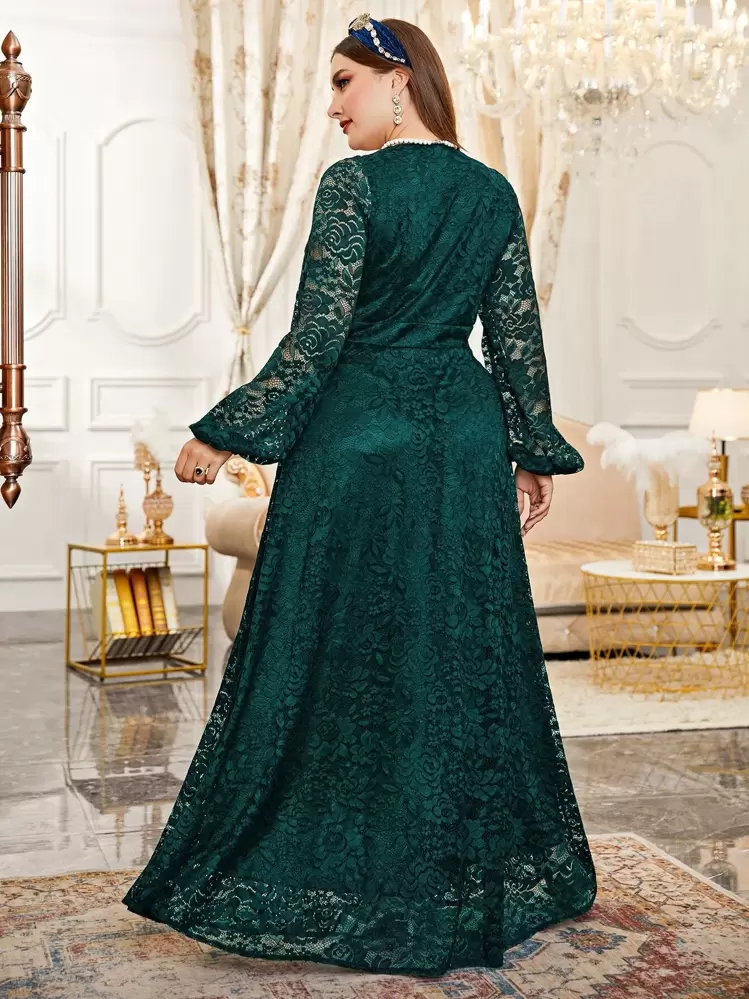 Modelyn Plus Mesh Insert Contrast Lace Lantern Sleeve Formal Maxi Dress  Women Outfit Long Evening Dresses Fall Cloth For Women | SHEIN USA