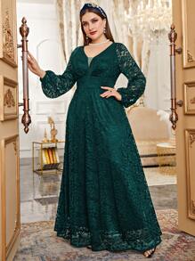 Modelyn Plus Mesh Insert Contrast Lace Lantern Sleeve Formal Maxi Dress Women Outfit Long Evening Dresses Fall Cloth For Women