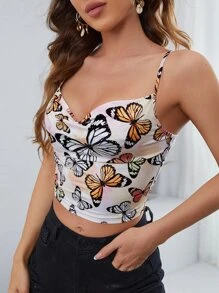 SHEIN Privé Butterfly Print Cowl Neck Cami Top - Multicolor - View 3