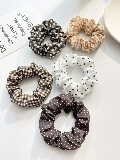 5pcs Women's 9cm/3.54in Polka Dot Plaid Camel Floral Hair Scrunchies, Fashionable Versatile High-End Elegant Minimalist Solid Color Hair Ties, Suitable For Daily Outings, Casual, Party, Commute, Beach, Vacation, Ponytail, Bun, Washing Face, Makeup, Outfit Accessory Makeup Home Gym Woman Accessories Head Accessories Elastic Band