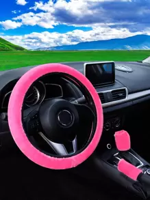 MEIKAXIU 3入組長毛絨汽車方向盤套和手刹罩和換檔蓋 - 玫紅色 - 查看 1