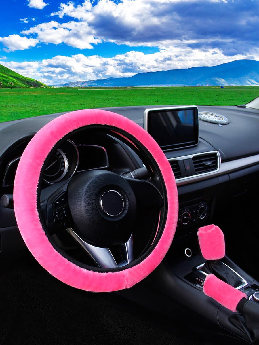 MEIKAXIU 3入組長毛絨汽車方向盤套和手刹罩和換檔蓋 - 玫紅色 - 查看 1