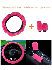 MEIKAXIU 3入組長毛絨汽車方向盤套和手刹罩和換檔蓋 - 玫紅色 - 查看 6