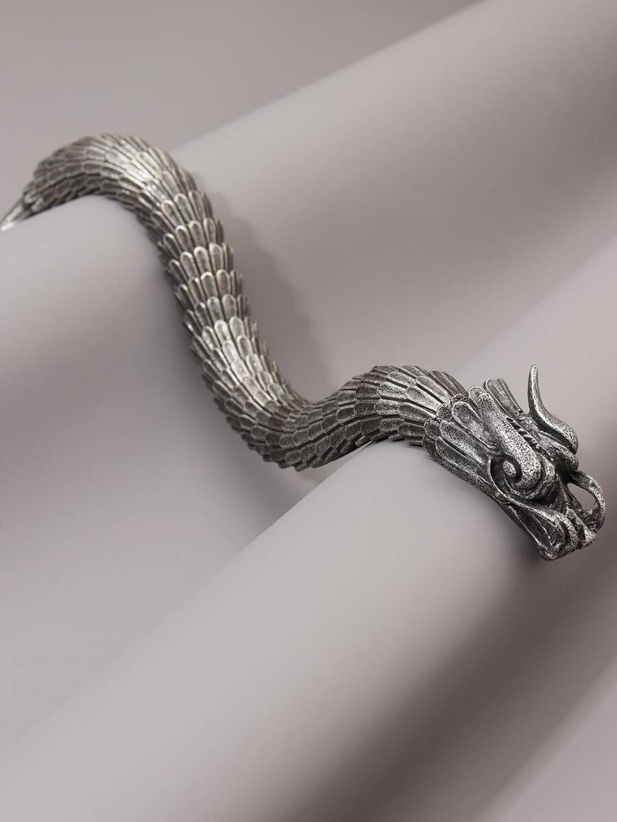 時尚流行男士中國龍設計手鍊合金，適合珠寶禮物和時尚外觀 - 復古銀色 - 查看 1