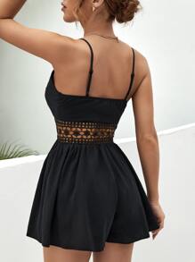 SHEIN Frenchy Contrast Guipure Lace Cami Romper Summer Black Black - Black - View 2