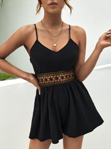 SHEIN Frenchy Contrast Guipure Lace Cami Romper Summer Black Black - Black - View 3
