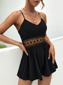SHEIN Frenchy Contrast Guipure Lace Cami Romper Summer Black Black - Black - View 5