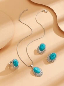 4 piezas Set joya con diamante de imitación & con diseño de oval - Azul - Ver 2