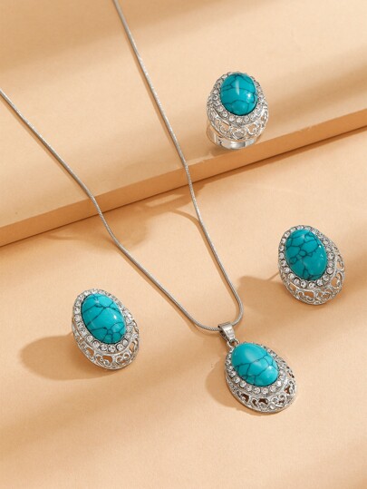 4pcs Rhinestone & Oval Decor Jewelry Set