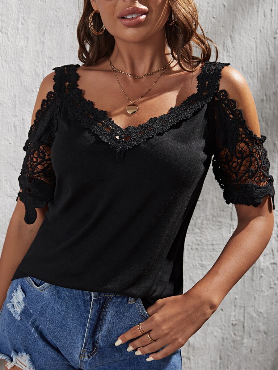 SHEIN Clasi Áo thun nữ Tương phản ren màu trơn Giải trí - màu đen - Xem 1