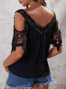 SHEIN Clasi Áo thun nữ Tương phản ren màu trơn Giải trí - màu đen - Xem 2