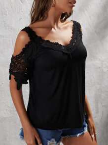 SHEIN Clasi Áo thun nữ Tương phản ren màu trơn Giải trí - màu đen - Xem 5